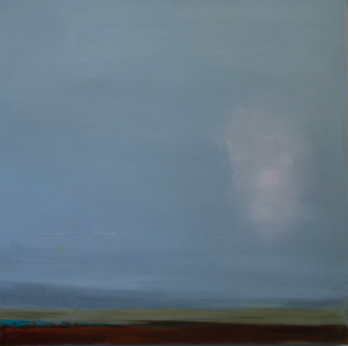 Square abstract oil painting of a slate blue sky with a faint pink cloud over a thin green horizon and a rust red foreground by Tanya Hayes Lee