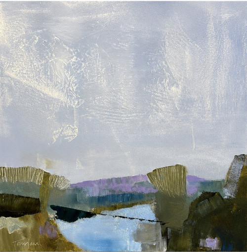 Square abstract oil painting of a misty periwinkle sky over a bright blue water channel and dark green ridges by Tanya Hayes Lee.