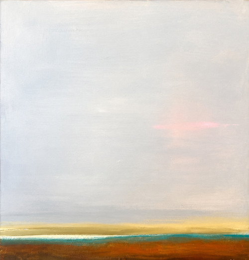Framed square abstract oil painting of a misty sage green sky with a soft lavender cloud over a dark green horizon by Tanya Hayes Lee
