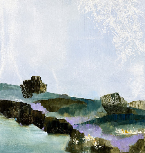 Square abstract oil painting of a misty periwinkle blue sky over dark green and lavender coastal ridges by Tanya Hayes Lee.