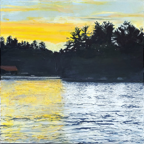 Square oil painting of a golden yellow sunset sky behind a dark pine tree line reflecting on the lake water by Sally Bourdon.
