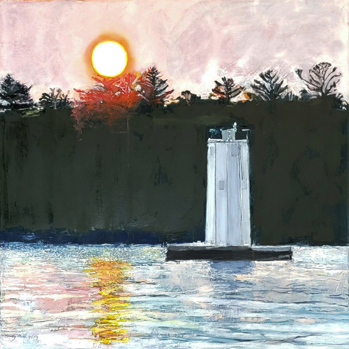 Square oil painting of a white lighthouse under a large glowing sun and a red autumn tree by Sally Bourdon.