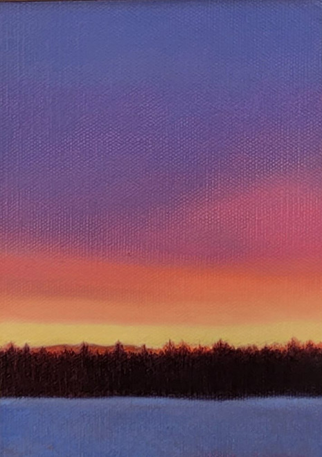 Small vertical oil painting of a purple, pink, and yellow sunset sky over a dark pine forest silhouette and blue snow by Grace Cooper.