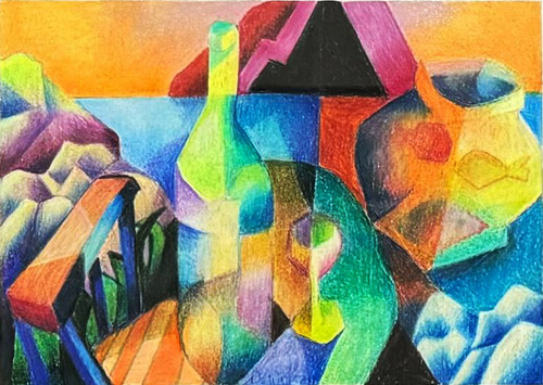 "Domestics #2" original 5x7 cubist colored pencil drawing by Lois DeWitt showing a geometric seaside still life with a green glass bottle, wine glass, and an orange pot with a fish design against an ocean sunset