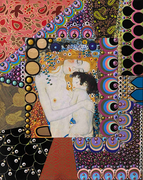 An intricate mixed media artwork by Emma Crisp titled Mother and Child, featuring a central collage of Klimt's mother and baby with a beaded gold hair crown, surrounded by colorful patterns.
