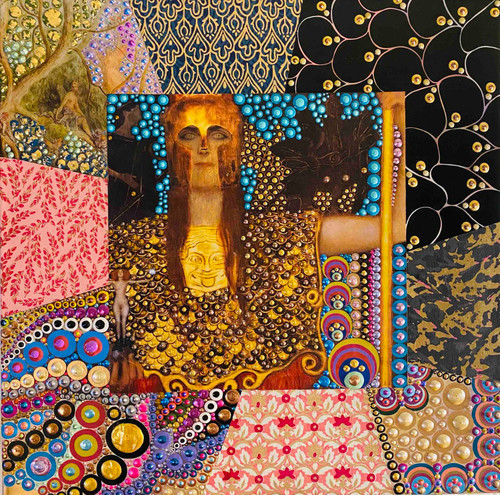 An intricate mixed media artwork by Emma Crisp titled Pallas Athena, featuring a central collage of Klimt's Athena with a gold bead breastplate, surrounded by colorful patterns.