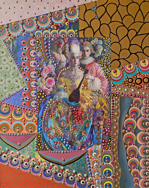 An intricate mixed-media artwork by Emma Crisp titled Intrigue, featuring a central collage of 18th-century figures holding a lute, heavily adorned with colorful beads and gold-scale patterns.