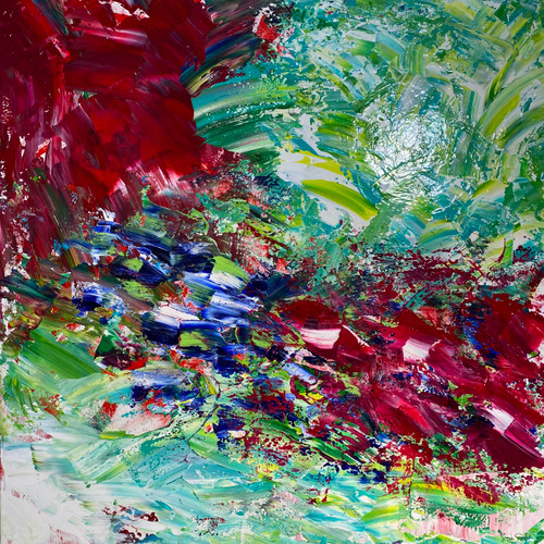 Large square abstract expressionist painting with thick red, green, and blue palette knife strokes by Grace Scarlet.