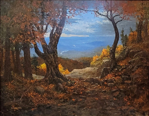 An original landscape oil painting, Opening to Mt Kearsarge by Byron Carr, depicts a rugged mountain ridge trail, a large tree, and a distant blue valley with a winding river.