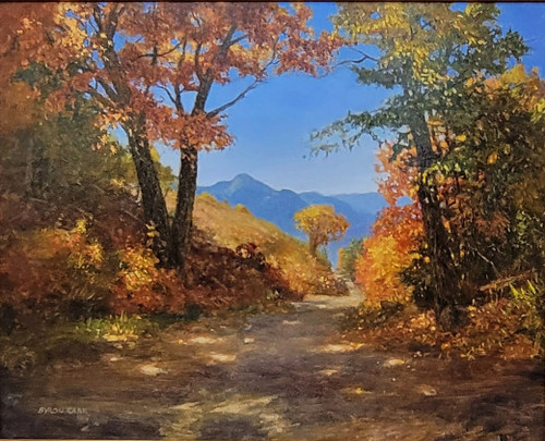 An original oil painting by Byron Carr titled Path of Discovery, showing a dirt mountain path lined with vibrant autumn trees leading to a distant blue mountain view.