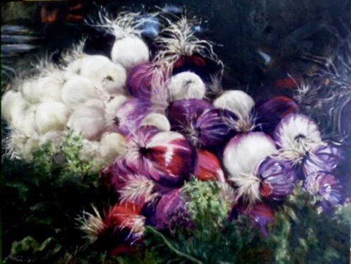 Detailed impressionist oil painting of a cluster of red and white onions with feathery roots by Tom Pirozzoli.