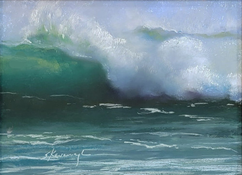 "Sea Splash" original 9x12 seascape pastel painting by Sandra Kavanaugh showing an emerald green curling wave crashing with a massive plume of white foam spray