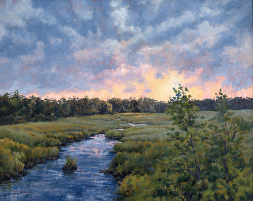 "Original 20x24 horizontal oil on canvas landscape painting titled Gathering Storm by Jeanne Pierce, depicting a winding tidal river cutting through a New England marsh under dramatic dark storm clouds."