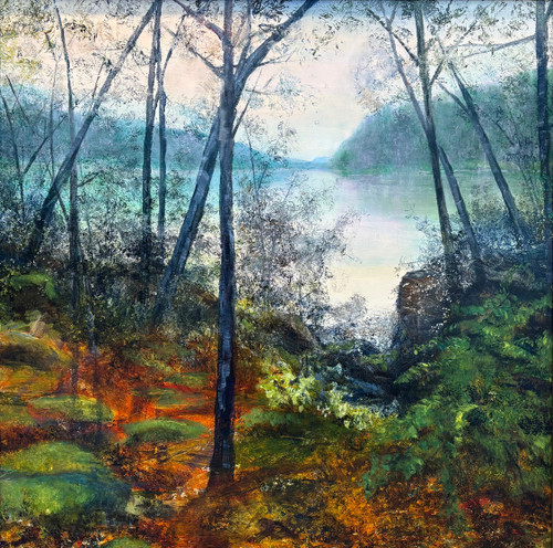 Oil painting of a wooded forest clearing looking out onto a misty blue lake at twilight by Gayle Bowen.