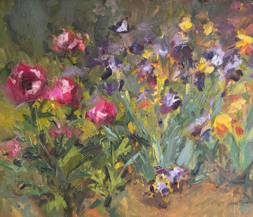 "Cottage Garden" original 14x11 impressionist oil on linen canvas painting by Sara Rae featuring vibrant magenta, purple, and yellow wildflowers in a garden bed.