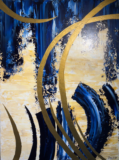 Large vertical abstract painting with midnight blue blocks, thick cream textures, and sweeping metallic gold arcs by Grace Scarlet.