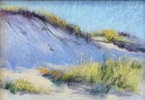"Original 6x8 horizontal landscape pastel on paper painting titled Dune Shadow #9 by Sandra Kavanaugh, showing a massive lavender shadow sweeping across a coastal sand dune under a bright blue sky."