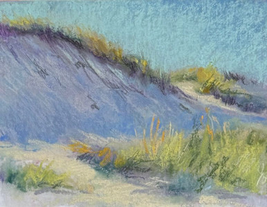 "Dune Shadow #9" original 6x8 horizontal seascape pastel painting by Sandra Kavanaugh showing a large sand dune hill with deep lavender shadows and bright green beach grass.