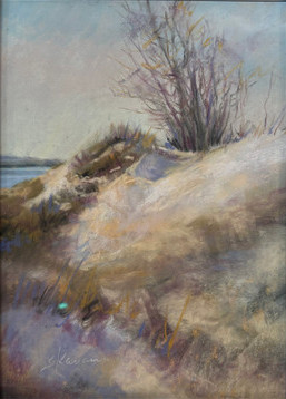 "Cranes Beach Dunes" original 6x8 vertical landscape pastel painting by Sandra Kavanaugh showing a sandy dune hill with a bare winter tree and lavender shadows