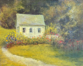 Impressionist oil painting of a white cottage with a picket fence and flower garden next to a winding path by Marilyn Farnsworth Wendling.