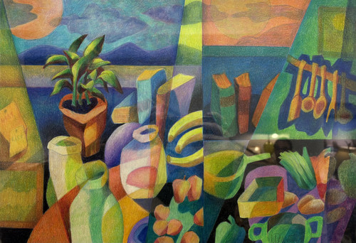 "Domestics 15" original 17x12 cubist colored pencil drawing by Lois DeWitt showing a geometric kitchen collage of a potted plant, bananas, cookbooks, vegetables, and utensils under a sunset sky