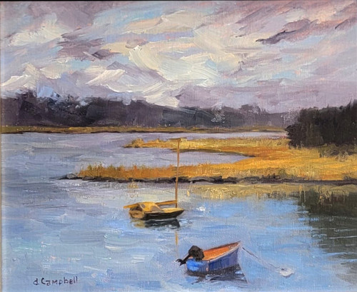"Changing Weather" original 8x10 maritime oil painting by Debbie Campbell, showing two small boats anchored in a blue inlet with golden marsh grass and stormy skies
