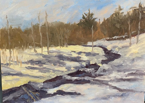 "Dancing Shadows," original 9x12 winter landscape oil painting by Debbie Campbell, showing a dark stream cutting through snow with long lavender shadows and a distant treeline