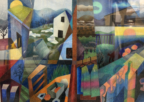 "Domestics 23" original 17x12 cubist colored pencil drawing by Lois DeWitt showing a multi-panel collage of geometric houses under a sun and moon, hanging shirts, and a workbench