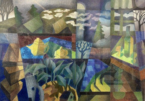 "Domestics 22" original 17x12 cubist colored pencil drawing by Lois DeWitt showing a multi-panel collage of a yellow teapot, books, houseplants, a bottle, and a rolling hillside under a full moon.