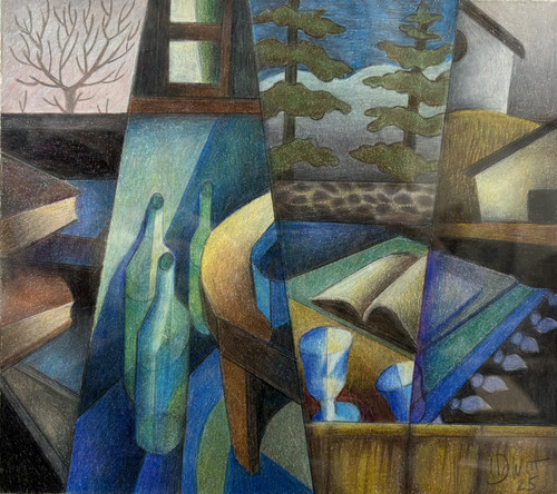 "Interior 3" original 9x8 cubist colored pencil drawing by Lois DeWitt showing a vertical multi-panel collage of books, three green bottles, pine trees, and a house