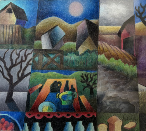 "Interior 6" original 9x8 abstract colored pencil drawing by Lois DeWitt showing a multi-panel collage of barns, a full moon, winter trees, and a picnic table.