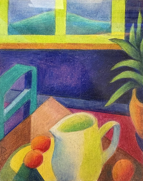 "Interior 12" original 4x5 abstract colored pencil drawing by Lois DeWitt showing a white pitcher, orange fruit, a teal chair, and a yellow window looking out at green hills