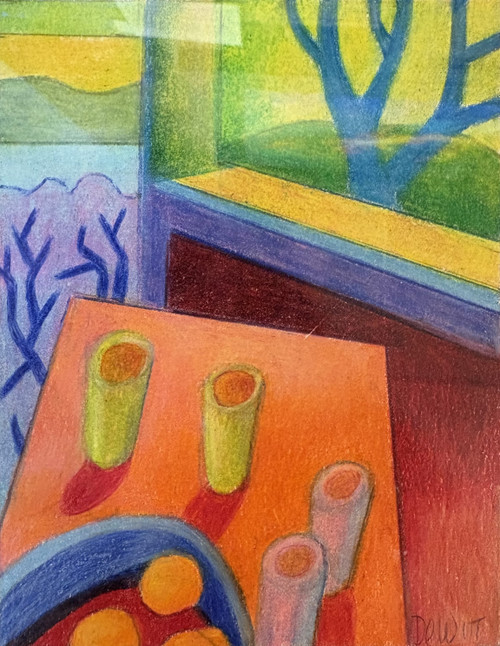 "Interior 9" original 3.5x4.5 abstract colored pencil drawing by Lois DeWitt showing an orange table with cylinders, a blue fruit bowl, and a window looking out at blue trees.