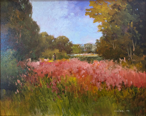 "Fields in Bloom" is an original 20x16 vertical oil painting by Monique Sakellarios, showing a dense field of pink flowers framed by green trees and a soft blue sky.