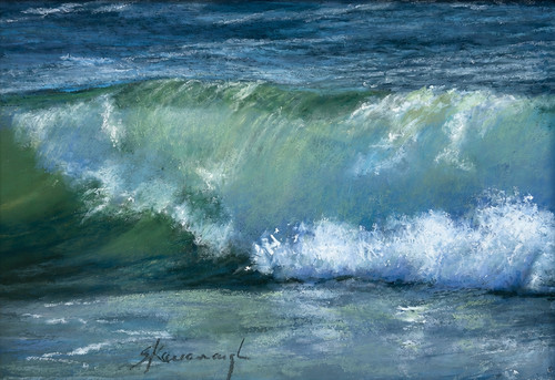 "Original 8x6 horizontal marine pastel on paper painting titled Dancing Water #10 by Sandra Kavanaugh, showing a powerful sunlit wave breaking into frothy white surf."