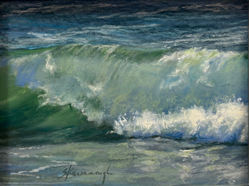 "Dancing Water #10" original 8x6 vertical seascape pastel painting by Sandra Kavanaugh showing a curling wave with a translucent green core and breaking white foam.