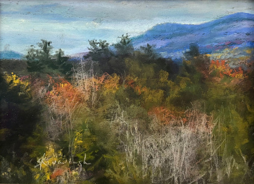 "White Mountain View #13" original 8x6 vertical landscape pastel painting by Sandra Kavanaugh showing a field of orange, gold, and green foliage with a large blue mountain in the background