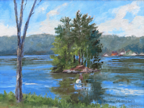 Impressionist oil landscape painting of a green pine tree island on a blue lake with a white buoy by Debbie Campbell.
