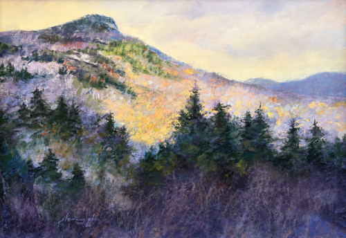 "Original 24 by 18 inch horizontal landscape pastel painting titled Greens Cliff by Sandra Kavanaugh, depicting a steep sunlit mountain slope and alpine evergreens under a glowing sky."