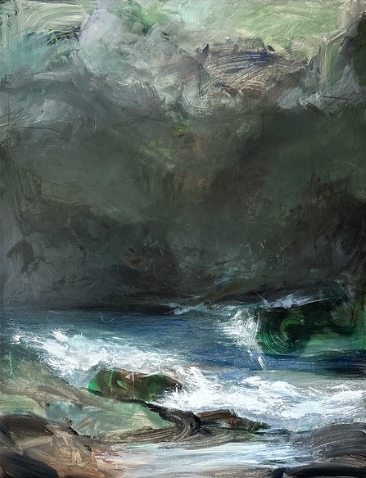 A large vertical abstract acrylic landscape painting by Ina Qirushi titled Forest Path, featuring a dark, stormy green and grey forest canopy over a rushing blue and white mountain stream.