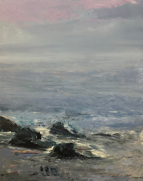 A massive vertical abstract acrylic landscape painting by Ina Qirushi titled Morning Mist, featuring a soft lavender-gray misty sky with pink dawn highlights over a churning ocean crashing against dark rocks.