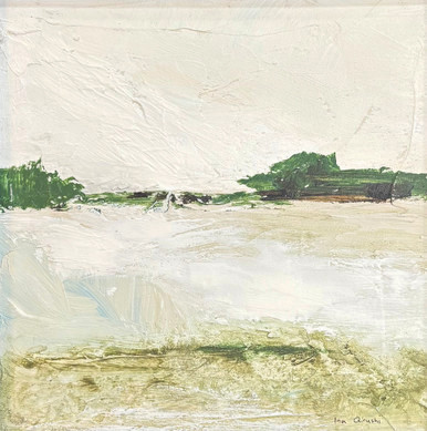 An original square abstract acrylic painting by Ina Qirushi titled Out There, featuring a highly textured white and cream landscape with a minimal horizon line of green trees.