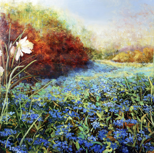 Oil painting of a dense field of blue forget me not flowers with a white blossom and red hedge by Gayle Bowen.