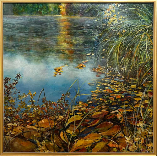 Oil on aluminum painting of a pond bank piled with autumn leaves reflecting a blue sky by Gayle Bowen.