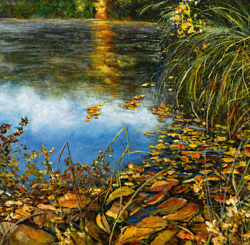 Large square framed impressionist oil painting on a metallic aluminum panel of orange autumn leaves floating on a blue pond below green grasses by Gayle Bowen.