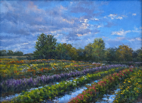 "Original 9x12 horizontal oil on canvas landscape painting titled Happy Place by Jeanne Pierce, depicting vibrant, sunlit linear rows of a flower farm under dramatic clouds."