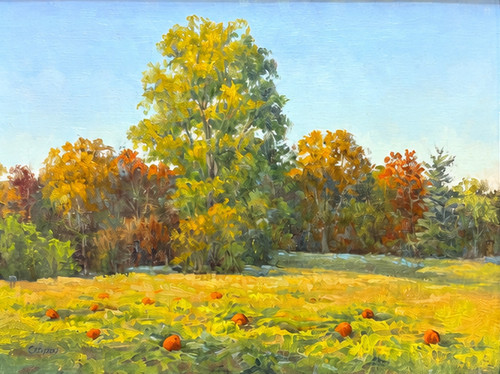 "Original 12x16 horizontal oil on canvas landscape painting titled Pick Your Own by Jeanne Pierce, depicting a sun-drenched autumn pumpkin patch in front of a colorful treeline."