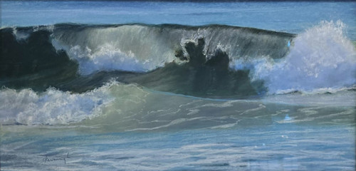 "Jade Reflections" original 12x24 seascape pastel painting by Sandra Kavanaugh showing a wide curling wave with a translucent jade green barrel and crashing white foam on the right
