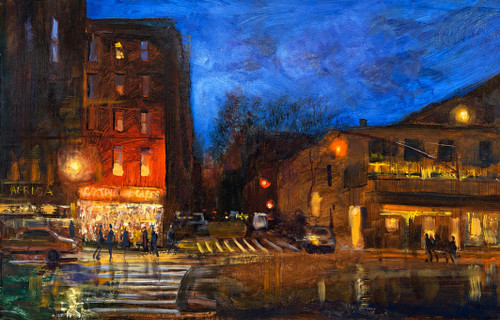 "Original 19x30 large horizontal oil on canvas cityscape painting titled Hell's Kitchen by Vincent Crotty, showing glowing urban storefronts and streetlights reflecting on wet pavement at dusk."