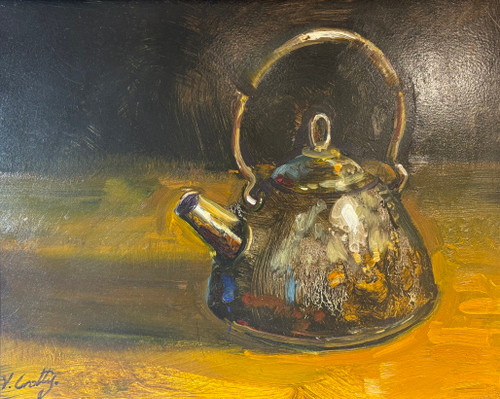 Impressionist chiaroscuro oil painting of a reflective metal tea kettle on a gold table by Vincent Crotty